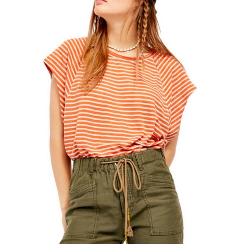 We The Free Orange Striped Short Sleeve Top